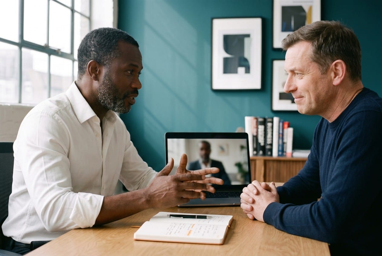 James and a client reviewing a recorded mock interview on a laptop, notes open between them