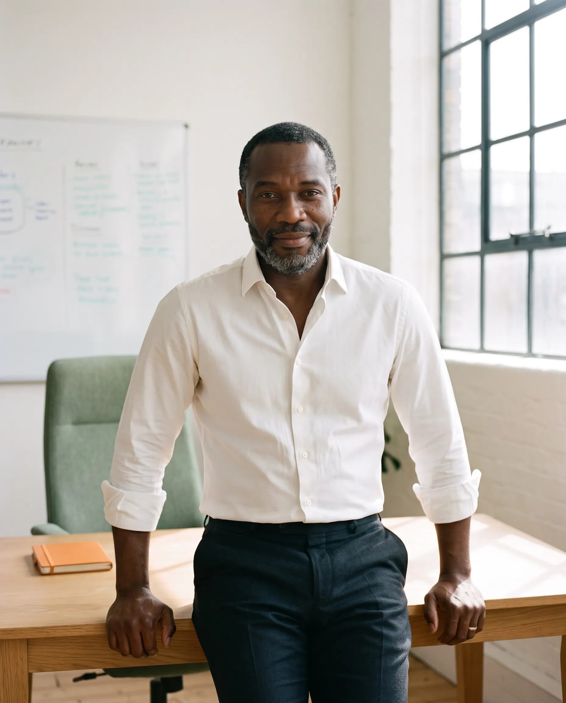 James Okafor leaning on a desk in his Shoreditch studio, sleeves rolled up