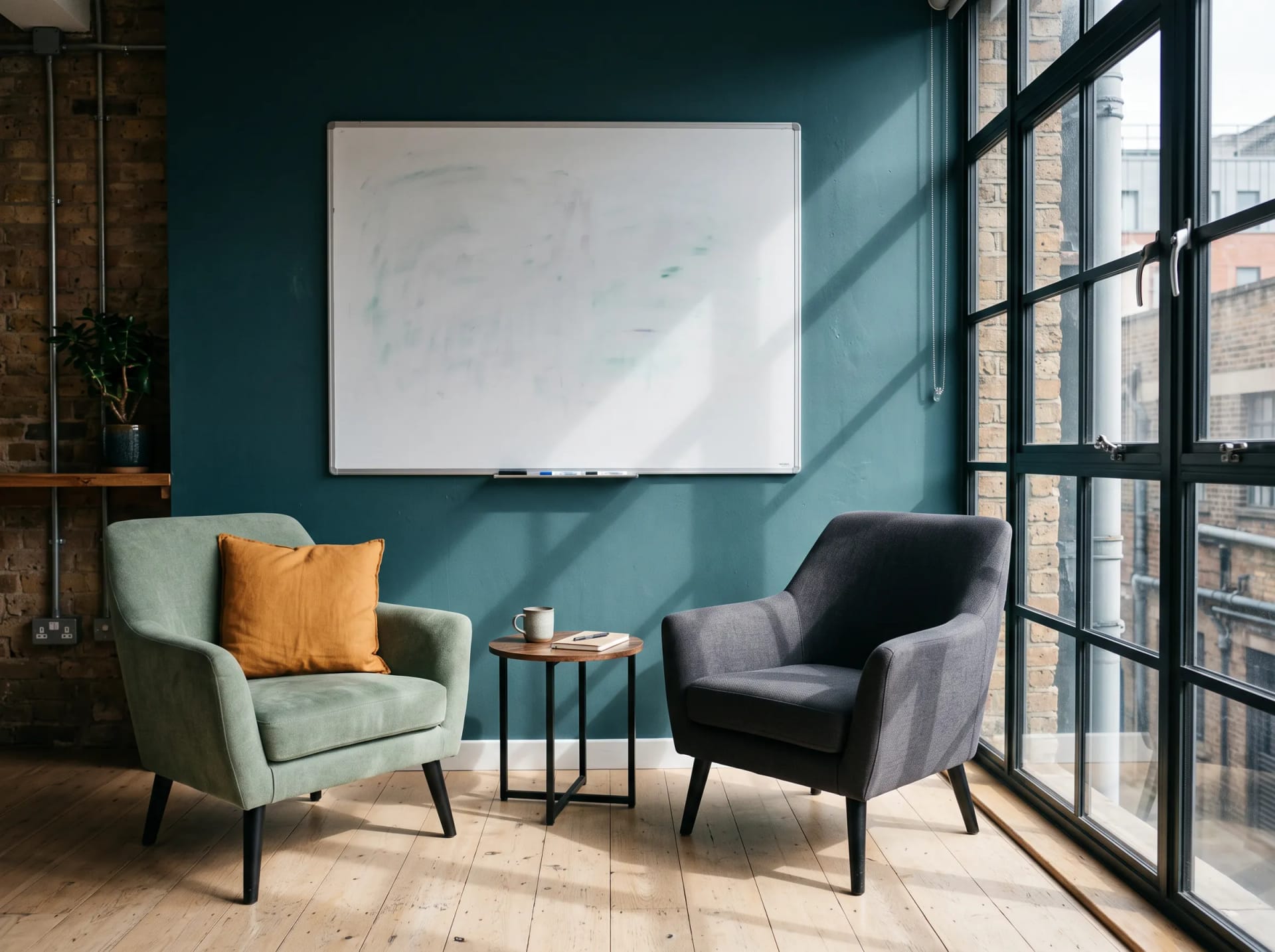 The Shoreditch studio: two chairs angled for work, a whiteboard and a tall warehouse window