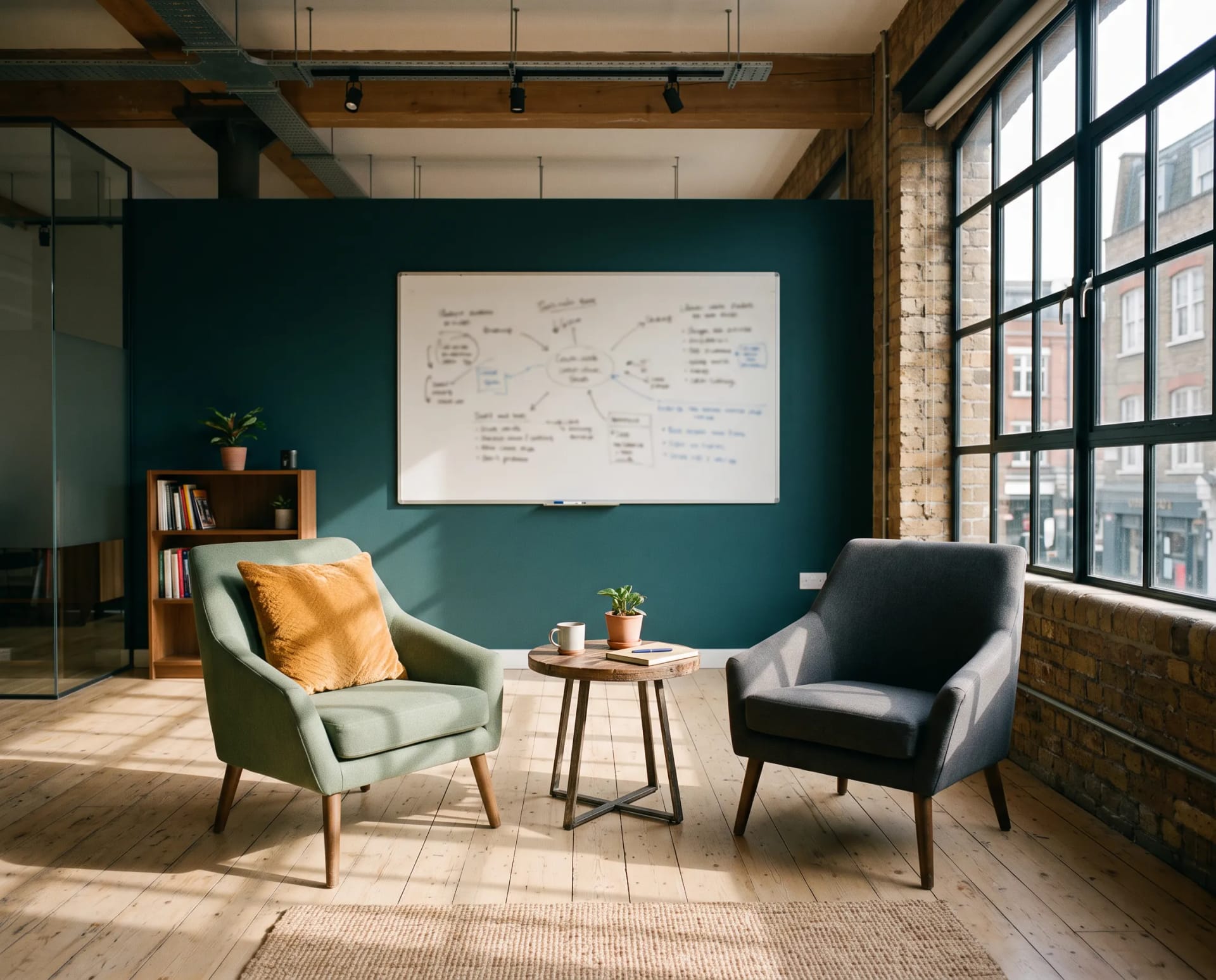 The coaching studio on Rivington Street, Shoreditch, ready for a session: two chairs, a whiteboard mid-plan and afternoon light