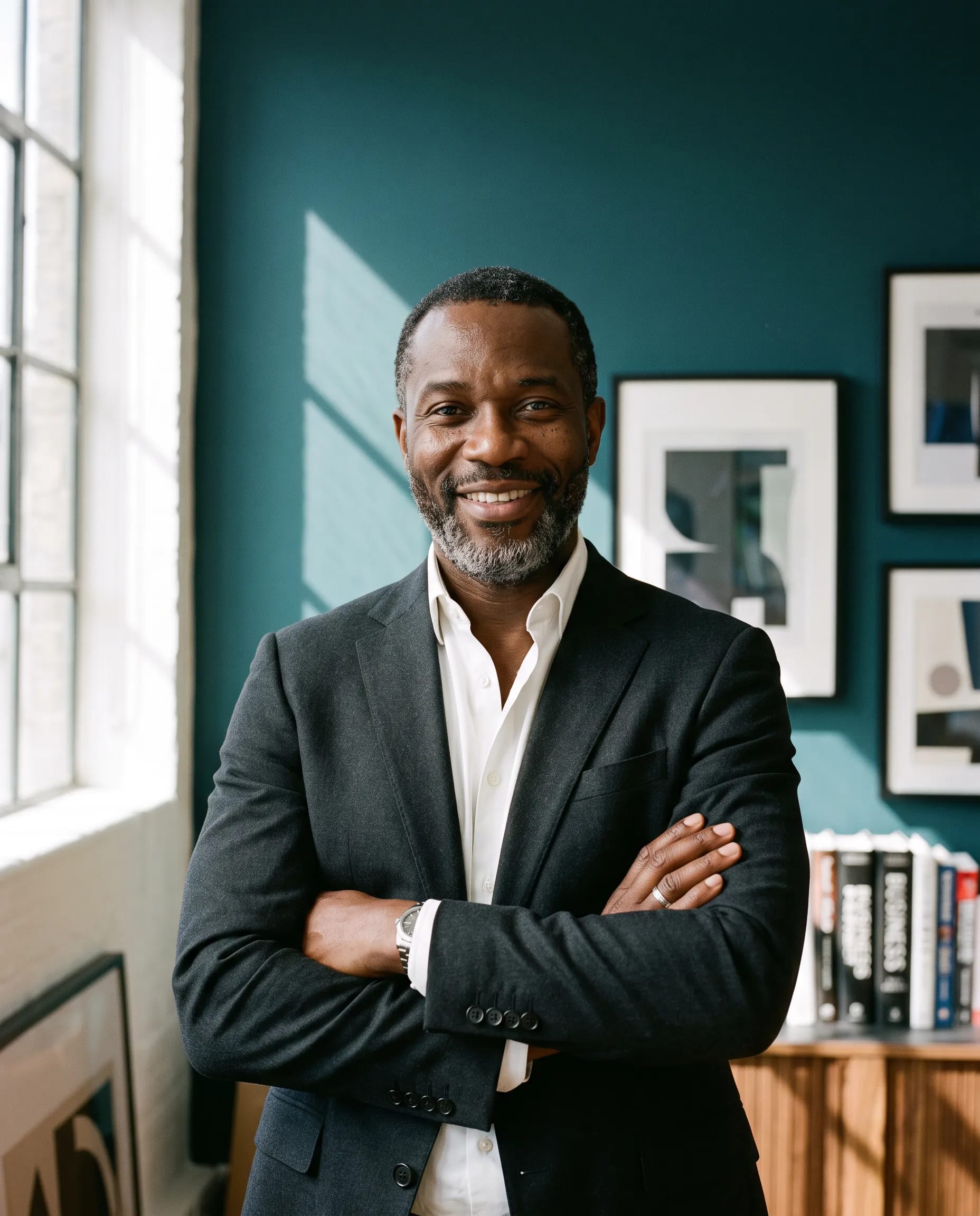 James Okafor in a charcoal jacket, arms folded, smiling directly at the camera against the deep teal wall of his Shoreditch coaching studio