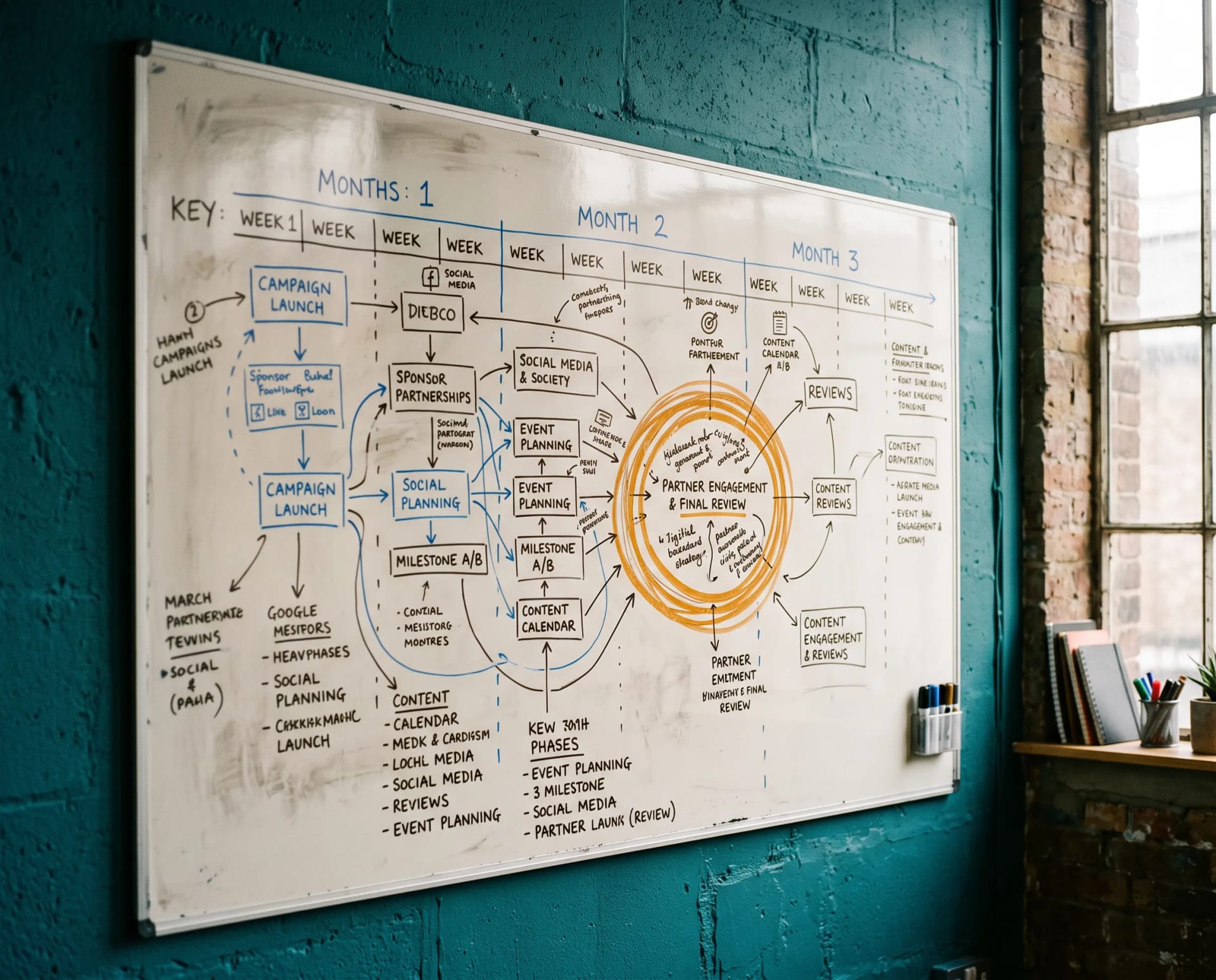A whiteboard mapped with a three-month promotion campaign — milestones, sponsors and the ask circled in orange