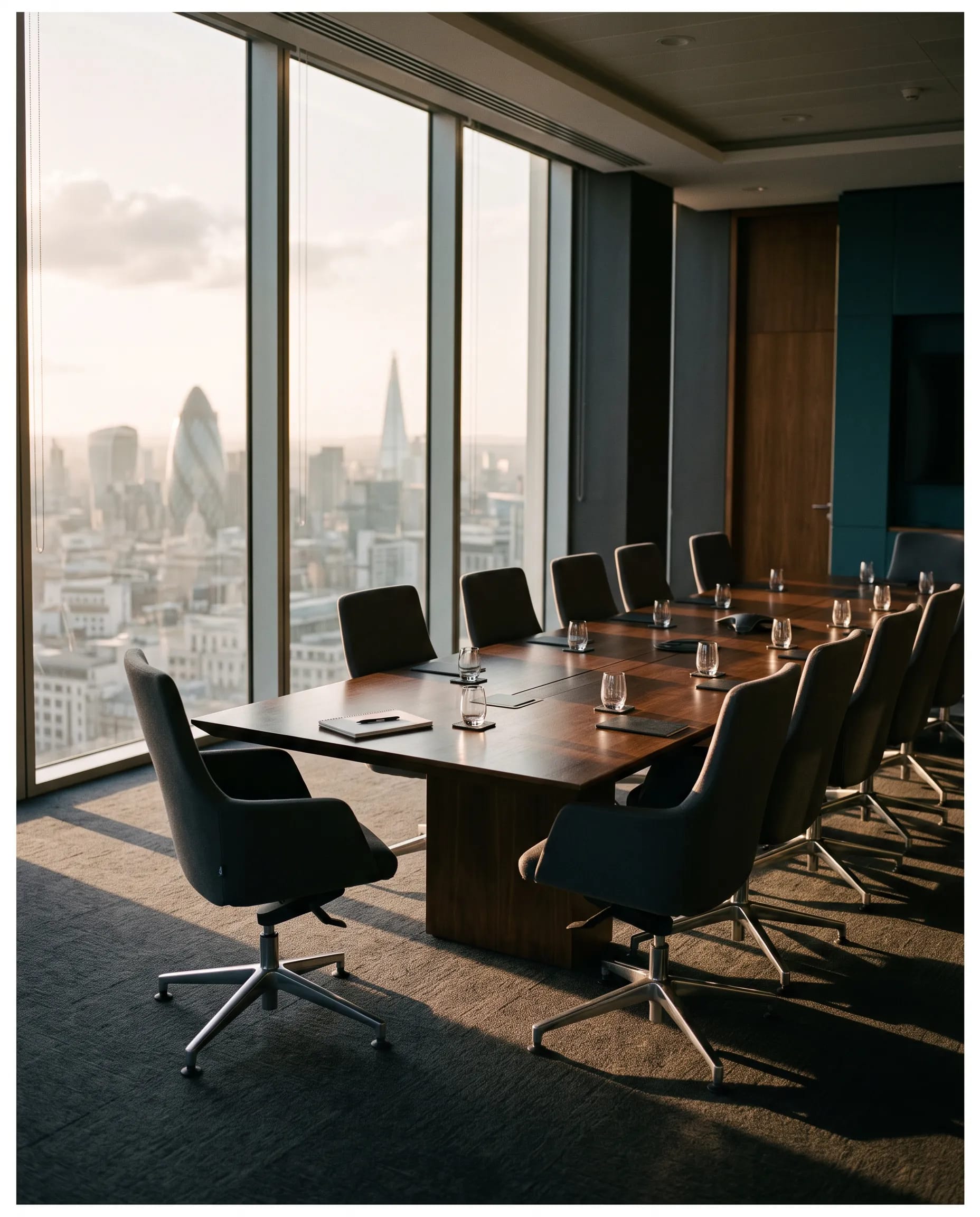 An empty boardroom with a long table and morning light, one chair pulled out at the head