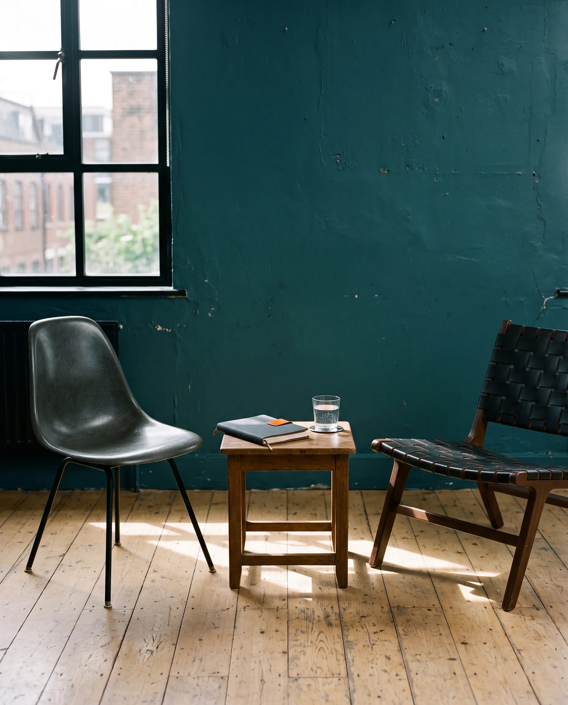Two chairs facing each other across a small table, a notebook and a glass of water between them