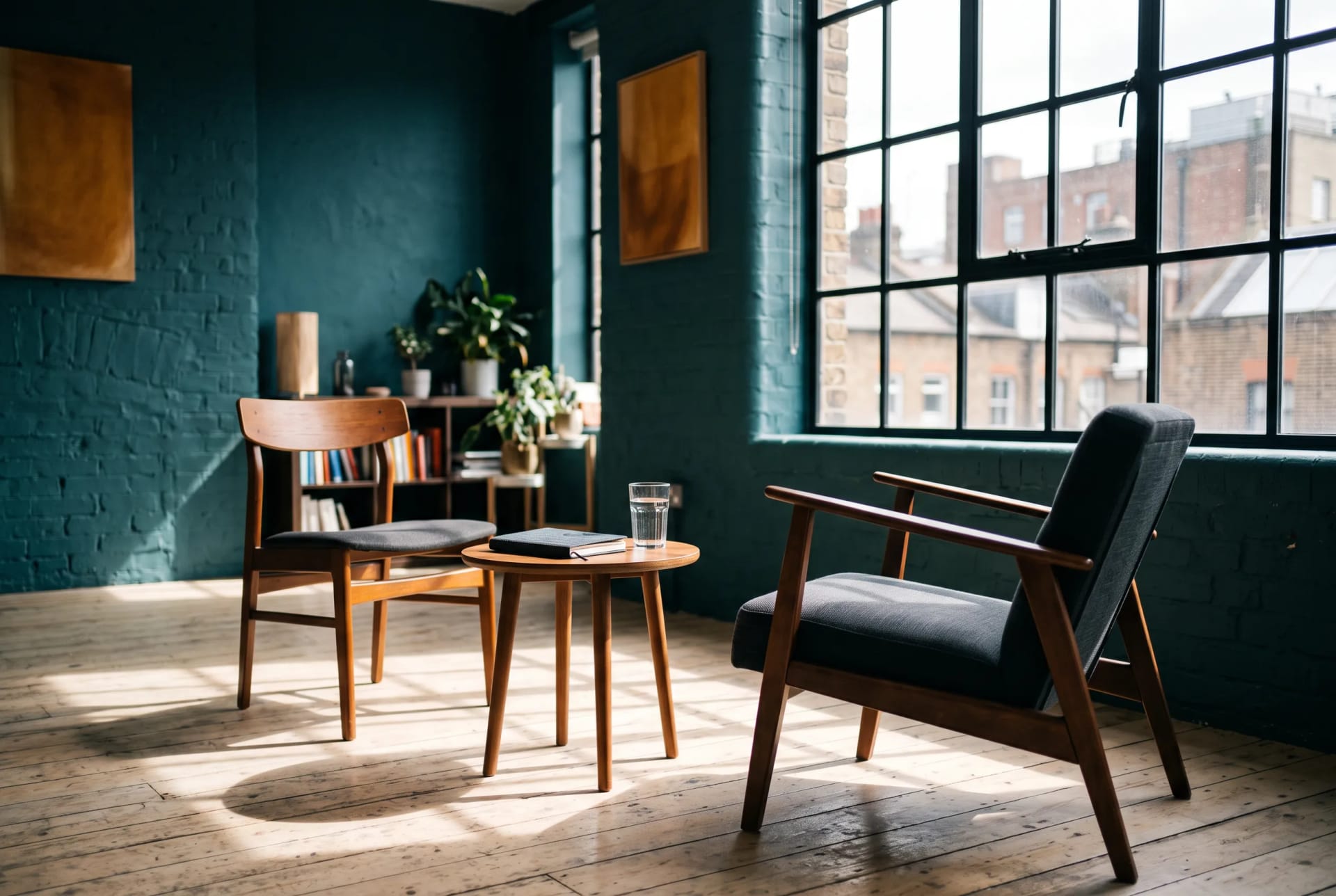 Two chairs facing each other across a small table with a notebook and a glass of water
