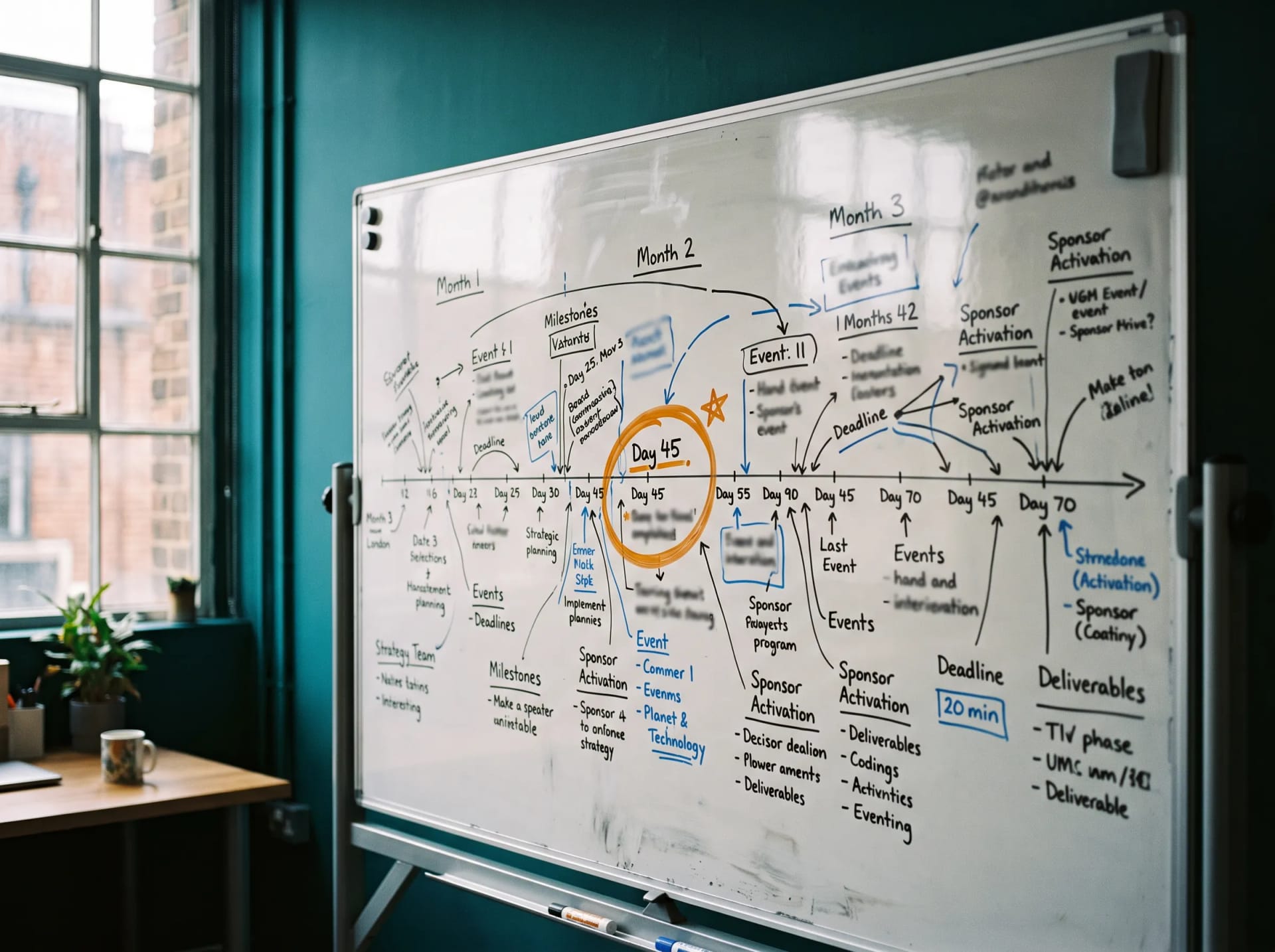 The studio whiteboard mapped with a three-month promotion campaign — sponsors, milestones and the ask