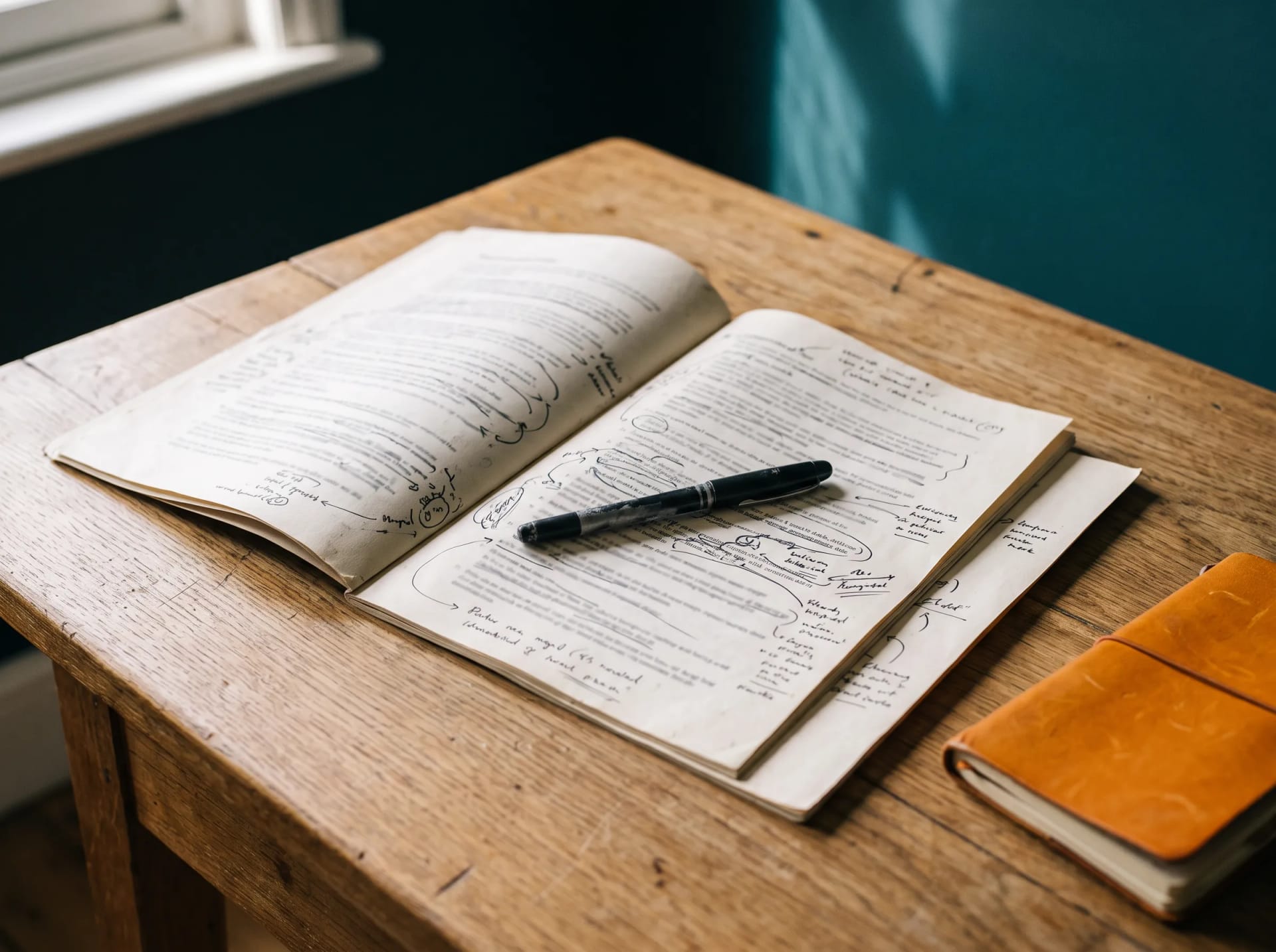 A printed promotion case document on the studio desk, margins full of working notes