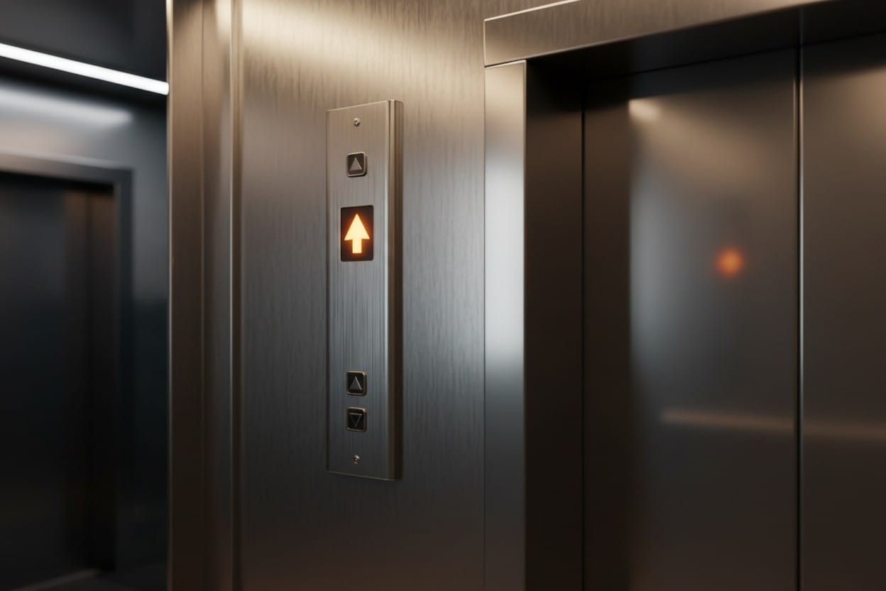 A lift's floor indicator arrow pointing upwards in warm light
